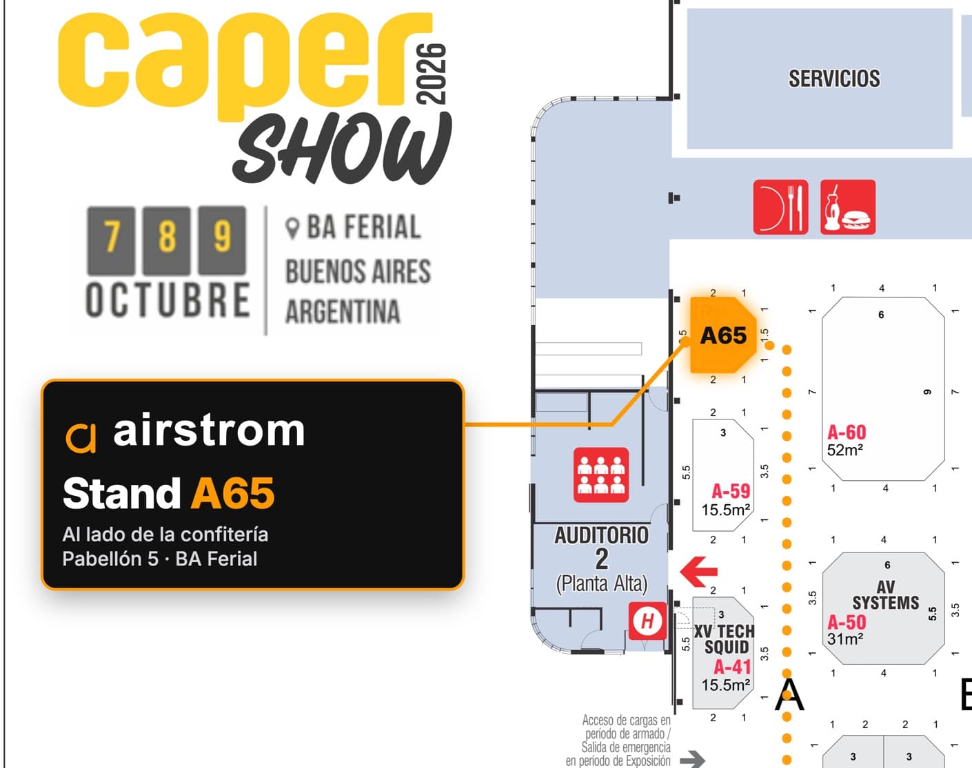 Plano del pabellón con el stand A65 marcado, al lado de la confitería